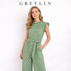 Greylin Womens Embroidered Eyelet Smocked Ruffle Tie Waist Jumpsuit Size Medium